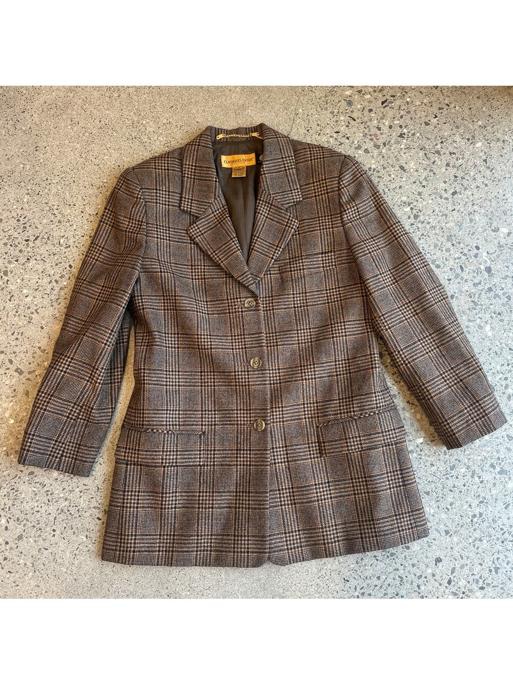 Classiques Entier Women’s SM Jacket Wool Plaid Blazer Brown Glen Check Vintage